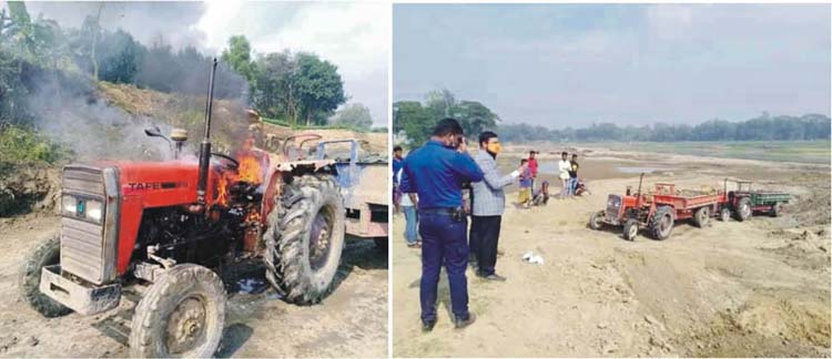 জ্বালিয়ে দেওয়া হলো মাটি বহনকারী ট্রক্টর